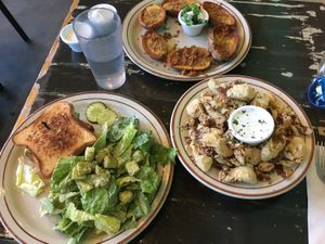 TBLT, Caesar salad, potato skins, fried artichokes at The Wayward Vegan in Seattle