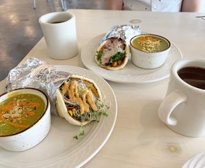 Buffalo cauliflower wrap and bean torta with pea soup  at MJ's Cafe in Baton Rouge