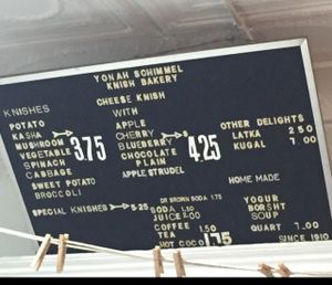 menu  at Yonah Schimmel's Knish Bakery in New York City