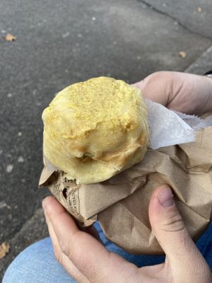 Potato knish with mustard on top   at Yonah Schimmel's Knish Bakery in New York City