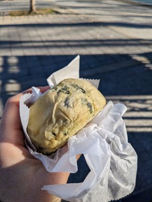 Spinach knish at Yonah Schimmel's Knish Bakery in New York City