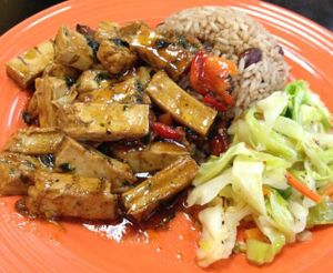 Vegan Jerk 'Chicken' plate w/ beans & rice, and cabbage at Caribbean Queen in Tempe
