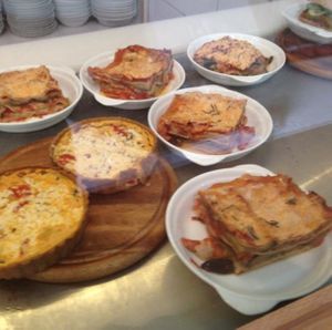 Vegan lasagne and quiches at Village Green in Tel Aviv
