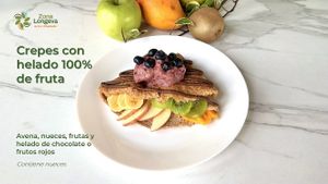 Crepes made in-house with oats and walnuts or pecans, filled with 100% fruit "ice-cream", seasonal fruits, and chocolate sauce made with dates with cocoa. at Bien Plantado - Vegan Food (Temporary Closed) in Loreto