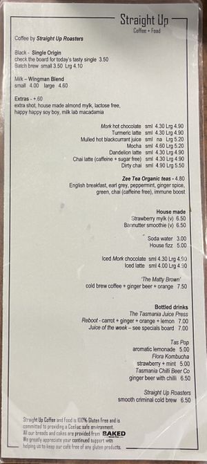 Straight Up’s drinks menu as of 13 March 2021   at Straight Up in Hobart