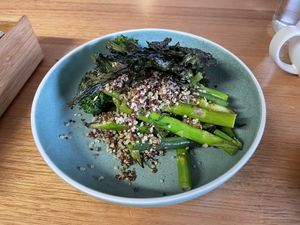 Straight Up’s “Greens” dish (asked to come without the beetroot hummus). at Straight Up in Hobart