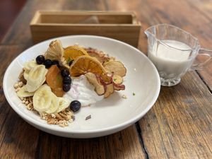 Straight Up’s vegan granola, which comes with coconut yoghurt and macadamia “mylk”. at Straight Up in Hobart