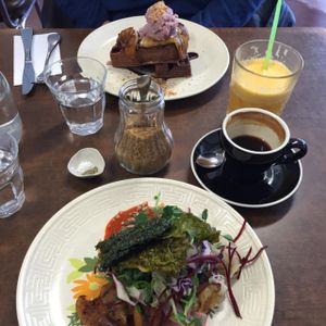 Brekkie waffles and mushroom w potato hash (all vegan) at Straight Up in Hobart