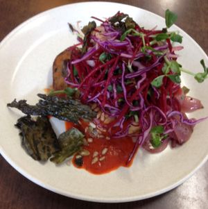 mushroom and potato cake stack at Straight Up in Hobart