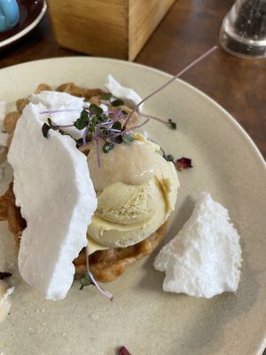 Apple and cinnamon waffles with meringue   at Straight Up in Hobart