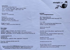 Straight Up Drinks menu. (Side 2 of 2)  at Straight Up in Hobart