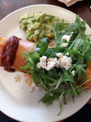 Chickpea omelette, fried mushrooms, herb salad, relish and soyoyo fetta at Straight Up in Hobart