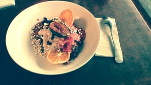 Delicious daily special, quinoa and black rice porridge with yogurt and fruit, yum yum yum at Straight Up in Hobart