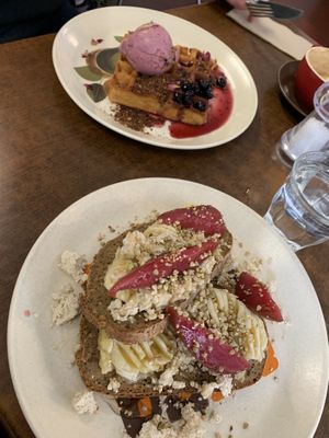 Orange and vanilla waffle with berry ice cream, and banana smash with tea poached pear and soy ricotta  at Straight Up in Hobart