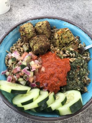 Protein Power Bowl with Baked Falafel (no tzatziki, sub Israeli Skhug) at Zoës Kitchen in Peachtree City