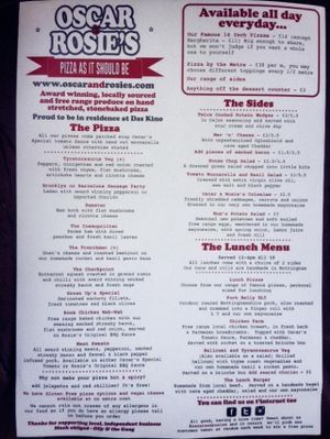 Menu at Oscar and Rosies in Nottingham
