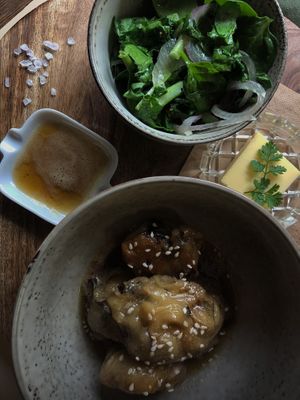 Mushroom Dumplings with seasonal wilted greens at REAL Pizza Pasta Salads in Port Campbell