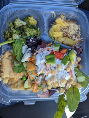 Veggie pot pie, salad, and pineapple dessert at Angel Village Cafe in Kanab