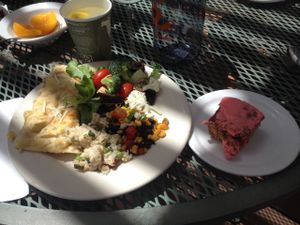 Vegan enchiladas, orzo, bean salad, and carrot cake at Angel Village Cafe in Kanab