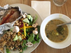 quinoa salad, baked potato, broccoli soup at Angel Village Cafe in Kanab