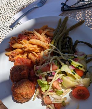 Meatballs, pasta, asparagus, and spaghetti salad at Angel Village Cafe in Kanab