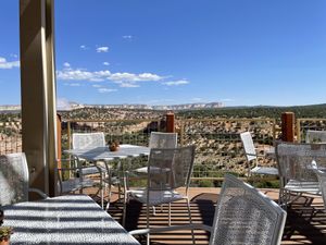 View from table  at Angel Village Cafe in Kanab