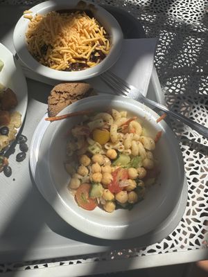 Macaroni and chickpea salad with chili in the background  at Angel Village Cafe in Kanab