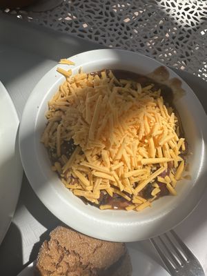 Chili with vegan cheesee  at Angel Village Cafe in Kanab
