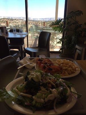 Check out the view! We had a huge salad, pizza, and spaghetti. at Angel Village Cafe in Kanab