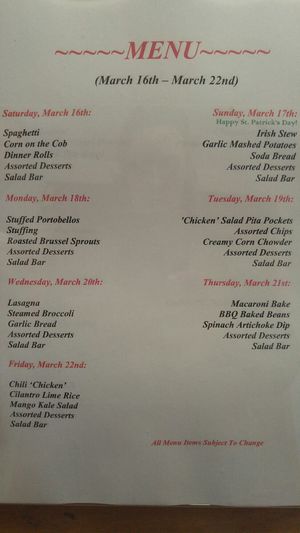 Sample menu for March 2019 at Angel Village Cafe in Kanab