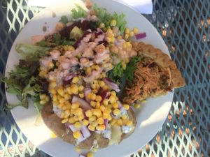 Salad, baked potato, and tofu quiche at Angel Village Cafe in Kanab
