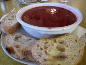 Soup of the day (Beet soup) at Le Cagibi in Montreal