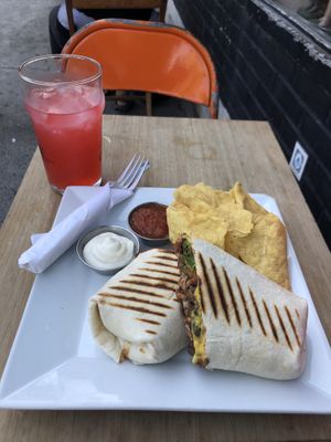 Burrito + raspberry lemonade  at Le Cagibi in Montreal