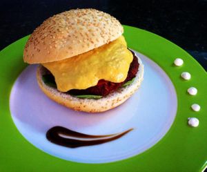 homemade hamburger with homemade cheddar'cheese' at Cantina Vegana in Mallorca