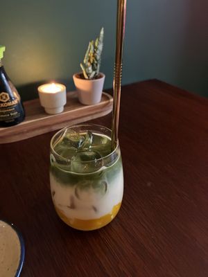 Mango matcha latte: tasty and refreshing at Vegan Sushi Bar in Utrecht