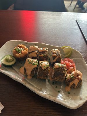 Crunchy chipotle shrimp: very good! The roll is deepfried  at Vegan Sushi Bar in Utrecht