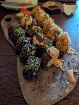 Flambe salmon, cheesy tuna and crispy chipotle. INSANE! at Vegan Sushi Bar in Utrecht