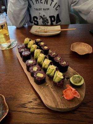 Our first round of sushi. Homemade wasabi was included, which was delicious. Normally I don’t like wasabi so this pleasantly surprised me.  at Vegan Sushi Bar in Utrecht