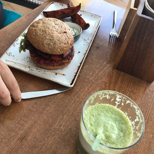 burger n matcha latte at Passion Marina in Ibiza