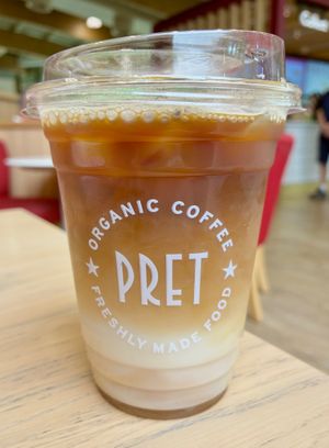 Iced oat latte at Pret A Manger - Stafford M6 Southbound Services in Stone