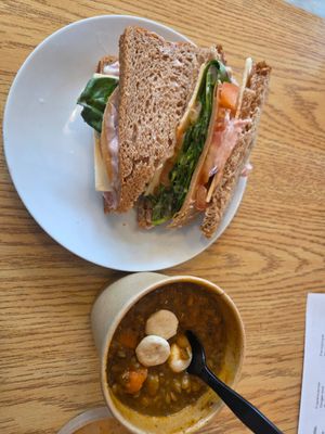 Tofurkey sandwich and Lentil soup at The Mustard Seed Natural Market and Cafe in Watertown