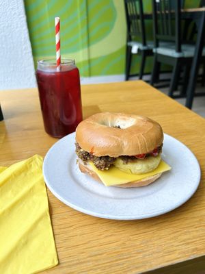 Chieftain bagel, iced tea  at Blended Brew in Inverness