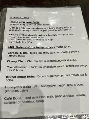 Menu bubble teas   at Blended Brew in Inverness