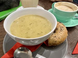 potato, garlic and rosemary soup with half a bagel   at Blended Brew in Inverness