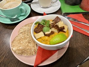 Special of spiced sweet potato, chickpea and peanut stew with smoked tofu and pitta  at Blended Brew in Inverness