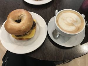 Vegan breakfast bagel and oat milk latte at Blended Brew in Inverness