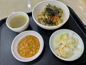 Bibimbab including sauce, seaweed soup and kimchi.  at Jogyesa Kitchen - 조계사 승소 in Seoul