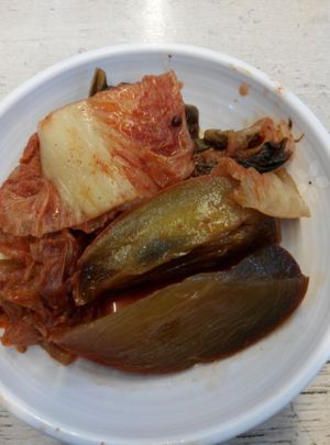 The first time I was there, I found a strange chunky kimchi. Took me a while to figure out it was persimmon! I never knew there is persimmon kimchi. I didn't like the cabbage kimchi because it was quite heavily fermented. at Jogyesa Kitchen - 조계사 승소 in Seoul