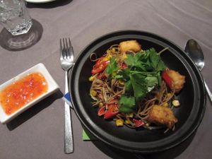 soba noodles with deep fried tofu and dipping sauce at Chakra Vege Cafe in Shanghai