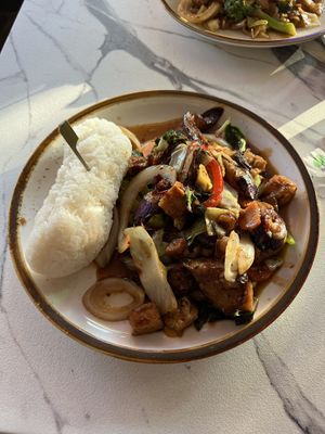 Spicy eggplant tofu with sticky rice  at Sugar and Spice in Cambridge